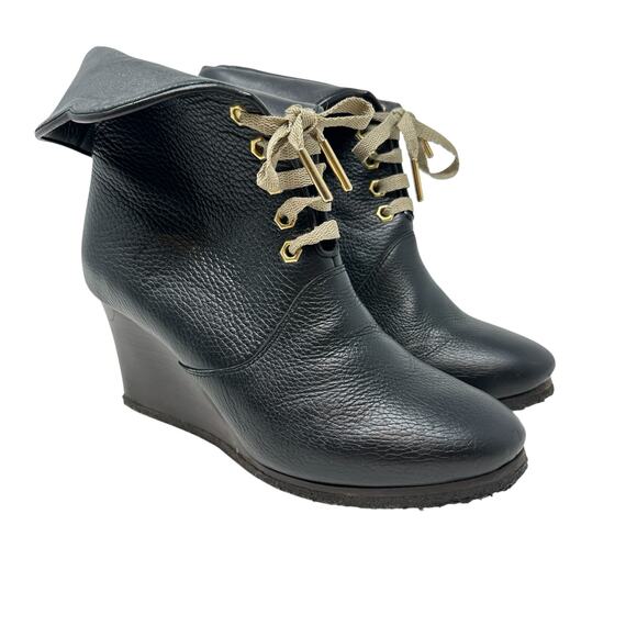 Chloe Kole Wedge Booties Boots Leather Lace-Up Black Size 36.5 US 6.5 - Picture 8 of 16